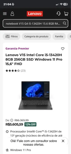 NOTEBOOK LENOVO V15 G4 i5-13420H 15.6 8GB RAM 256GB SSD