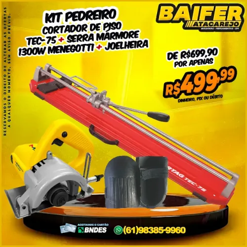Kit Pedreiro Cortador de Piso TEC-75 + Serra Mármore 1300w + Joalheira Multiuso
