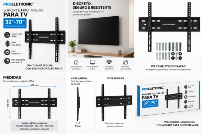 Suporte Fixo Trilho Tv Proeletronic 32-70 Preto