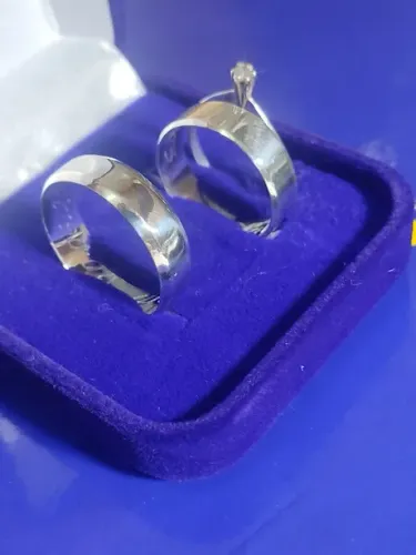 Trio Alianças Lisas Compromisso Namoro Prata 950 Fosca 7 mm e Anel Solitário