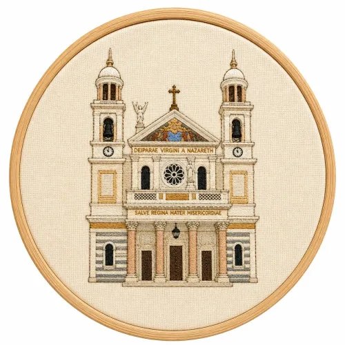 Quadro bordado Basílica de Nazaré Belém em bastidor 14cm
