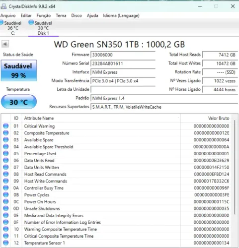 Ssd 1tb Western Digital Green Sn350 Nvme (99% de saude)