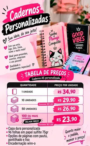 Caderno A5 personalizado 16x22 com 96 folhas