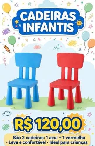 Cadeiras infantis em plástico forte e resistente, C:38 cm x P:35 cm x A:67 cm