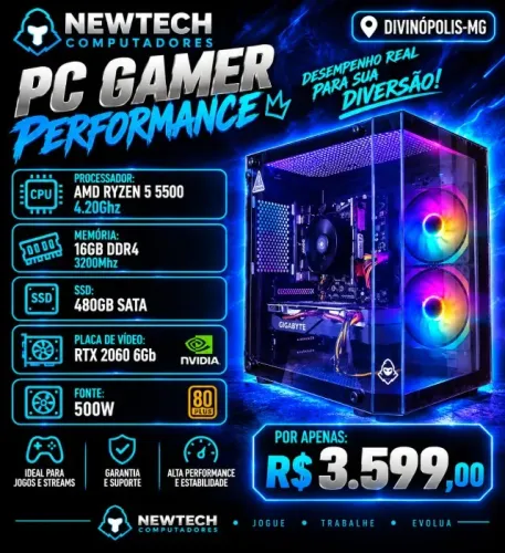CPU Gamer Ryzen 5 5500 4.2Ghz / Mem 16Gb / SSD 480Gb / RTX 2060 6Gb (aceito cartão)