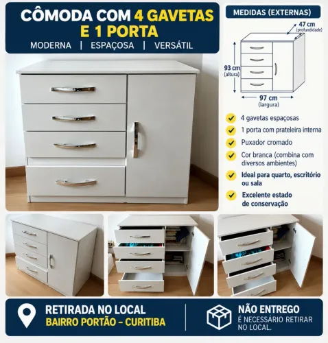 Cômoda Branca com 4 Gavetas e 1 Porta - Excelente Estado