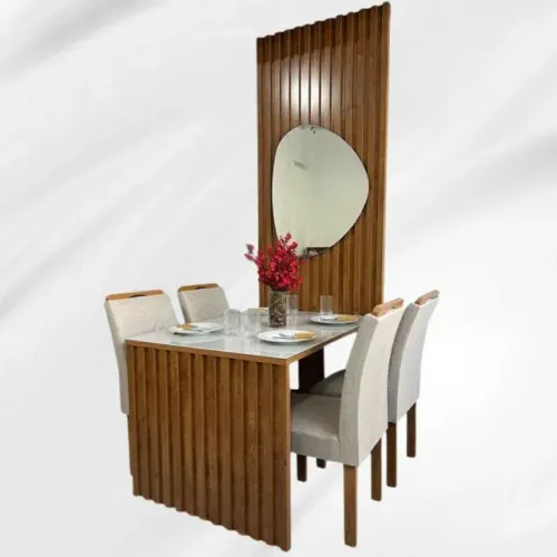 Mesa Jantar Cancun 120×90 C/Espelho 4 Cadeiras Linho Bege Até 12x S/ Juros