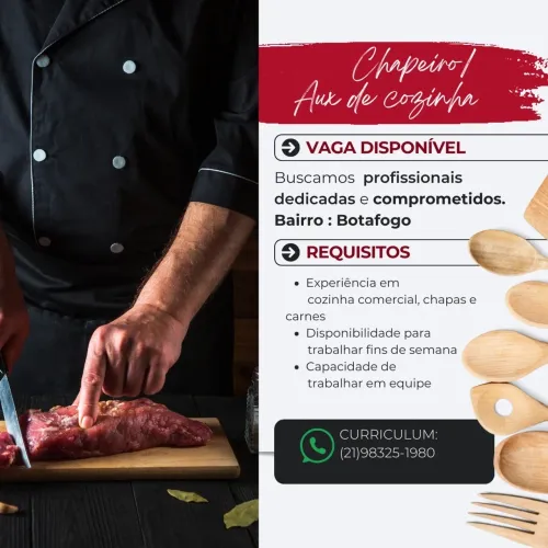Vaga Chapeiro / auxiliar de cozinha com experiência 