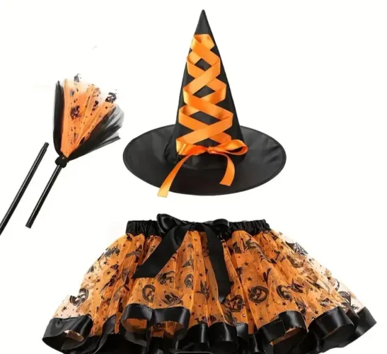 Fantasia bruxa (saia, chapéu e vassoura) halloween, nova