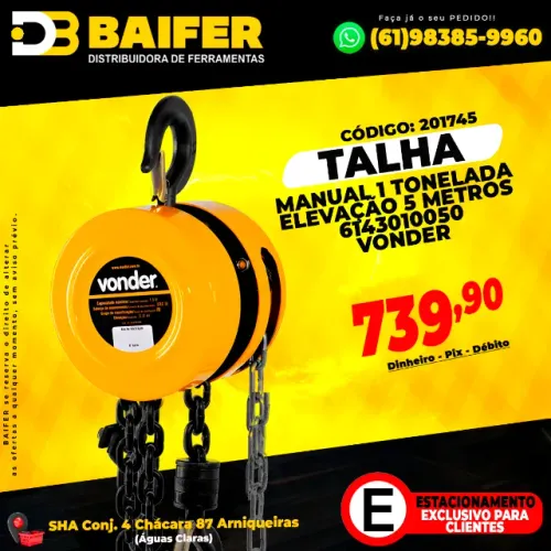 Talha Manual 1 Tonelada Elevação 5 Metros 6143010050 Vonder