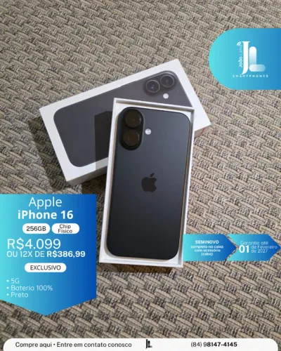 IPHONE 16, 5G, CHIP FÍSICO, 256GB, SEMINOVO NA GARANTIA, EXCLUSIVO!