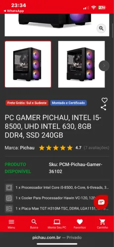 PC GAMER DD4 INTEL I5 SSD 240 PICHAU