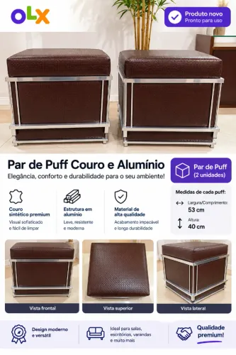 Par de Puffs Couro e Alumínio Padrão Premium Lindos