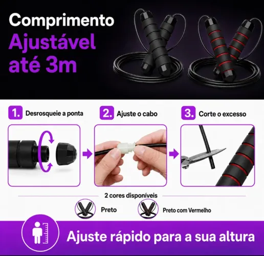 Corda de Pular Ajustável 3m com Rolamento, Cabo de Aço PVC para Cardio