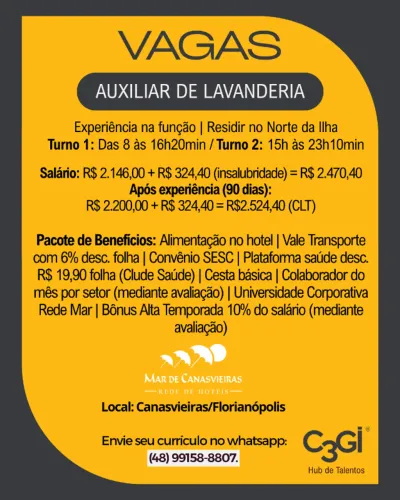 Vaga: Auxiliar de Lavanderia - Bairro: Canasvieiras
