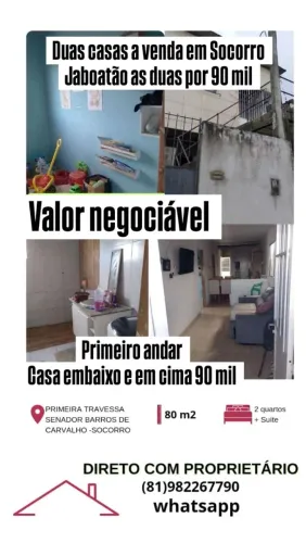 DUAS CASAS A VENDA PRIMEIRO ANDAR EM JABOATÃO SOCORRO 90 MIL AS DUAS 