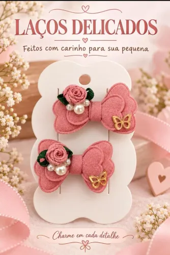 Par de Laços Infantis Rosa com Flores e Pérolas