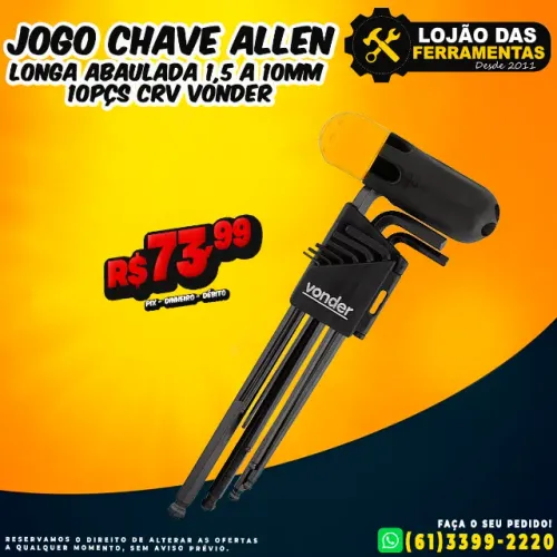 Jogo Chave Allen Longa Abaulada 1,5 a 10mm 10Pçs Crv Vonder