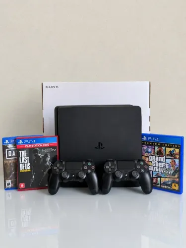 PS4 SLIM 1TB COM CAIXA + 2 CONTROLES + JOGOS 