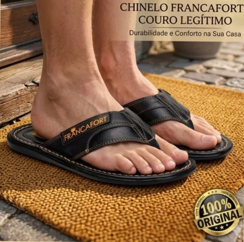 Chinelo Couro Legítimo Solado com Costura Reforçada - Francafort Masculino Tiras Largas