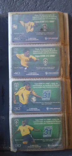 Coleção de cartão telefônico telemar, com imagens de jogadores da seleção brasileira,