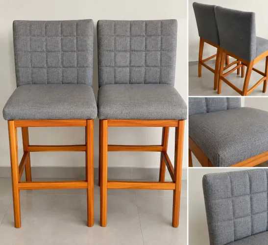 Kit 2 Banquetas Altas Lyam Decor Mila - Madeira e Linho Cinza