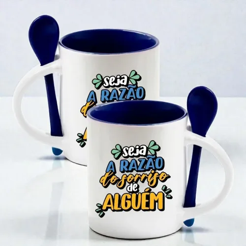 Caneca de Porcelana c/ Base Reta e Colher Azul Personalizada