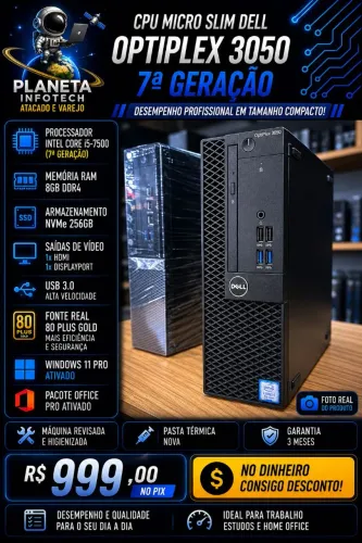 CPU Micro Slim DELL core i5 7500 com 8gb de ram DDR4 + NVME 256GB ( 3 meses de garantia )
