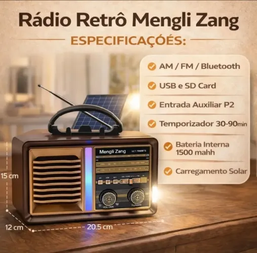 Radio retro completo am FM recarregável Bluetooth pendreve lanterna tomada 