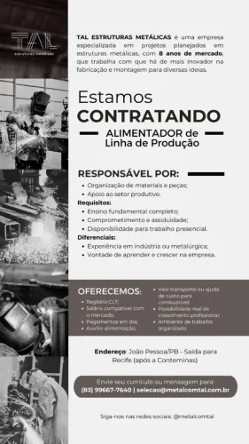 CONTRATAÇÃO IMEDIATA - METALURGICA ESTÁ COM VAGAS 
