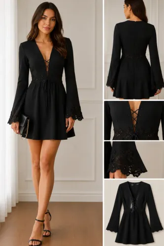 Bazar | Vestido Preto Manga Longa com Renda e Decote Ajustável