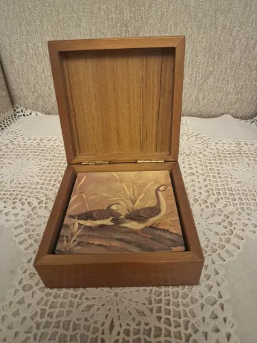 Conjunto de 4 porta-copos, vintage, com figuras de patos, com base de cortiça