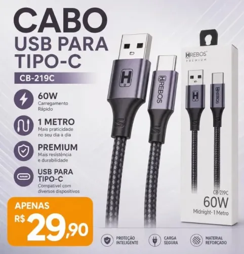 Cabo USB para Tipo-C Hrebos Premium CB-219C, entrega gratuita Praia da Costa/Itapoã 