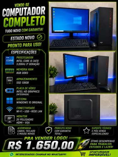 Computador completo i5-3470/SSD128GB/8GB, Monitor 20 polegadas HDMI, VGA. TUDO NOVO
