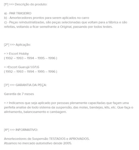 Amortecedores Traseiros APENAS para Escort Hobby e Guarujá 1991 - 1996
