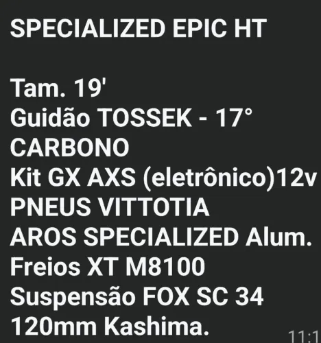 BICICLETA SPECIALIZED EPIC HT.  Telefone para contato: *