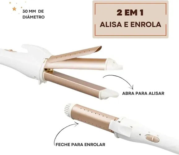 Benedita Prancha Chapinha e Modelador de Cachos Profissional 2 em 1 Bivolt 30mm ABS 200°C 