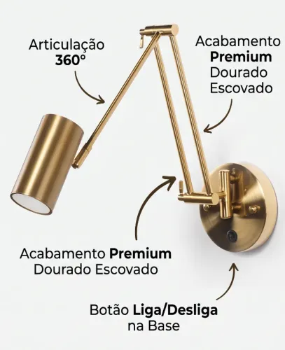 Luminária Arandela de Parede Articulada Dourada Escovada
