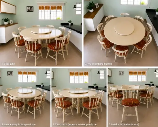 Mesa de Jantar Colonial em Madeira Maciça 1,60 m + 8 Cadeiras + Prato Giratório