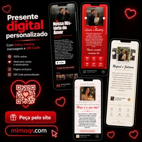 Presente digital personalizado com fotos, música, mensagem e QR Code