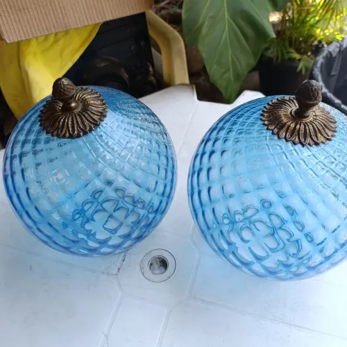 Globos De Luminária Vintage Antigos De Vidro Azul "Favo De Mel" Século XIX 