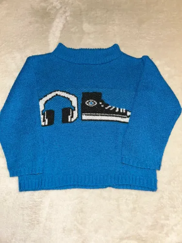 Blusão de Tricô / Lã Infantil Azul - Estampado (12-24 meses - 1 a 2 anos)