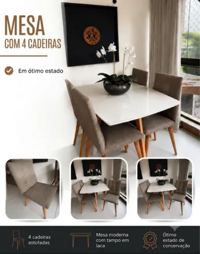 Mesa de Jantar com 4 Cadeiras Estofadas - Impecável
