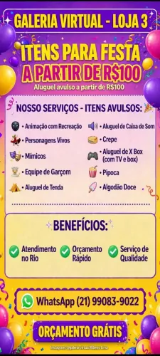 Animação, Aluguel de itens para festa a partir de R$ 100- Avulso
