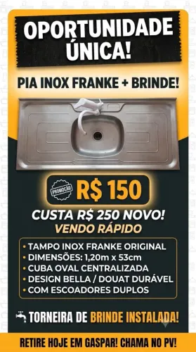 Tampo de Pia Inox Franke 1,20m x 53cm (+ Torneira de Brinde!)