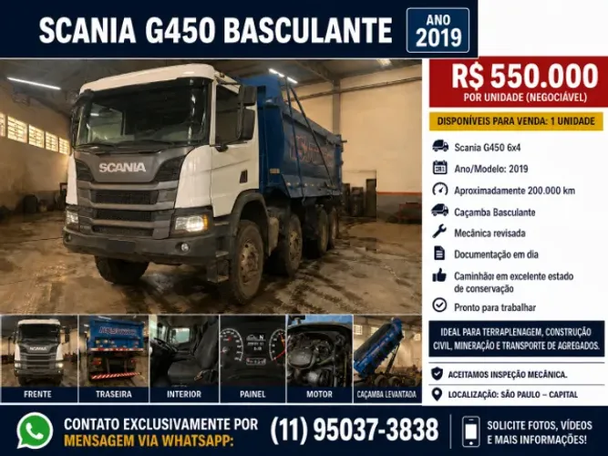 CAMINHÃO BASCULANTE TRAÇADO - SCANIA G450 6X4 - ÓTIMO ESTADO