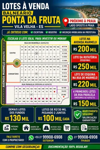 ? LOTE 360 M² EM FRENTE À AVENIDA DO MARMELO - PONTA DA FRUTA | VILA VELHA | R$ 250 MIL