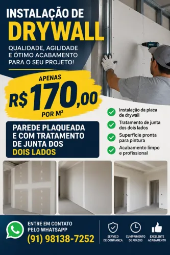 INSTALAÇÃO DE DRYWALL POR APENAS R$ 170,00/m²