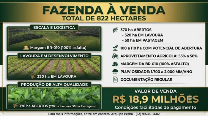 Fazenda 822 hectares às margens da BR-010, no norte do Tocantins
