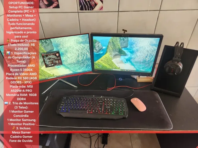 Setup PC Gamer Completo (PC + 3 Monitores + Mesa + Cadeira + Headset